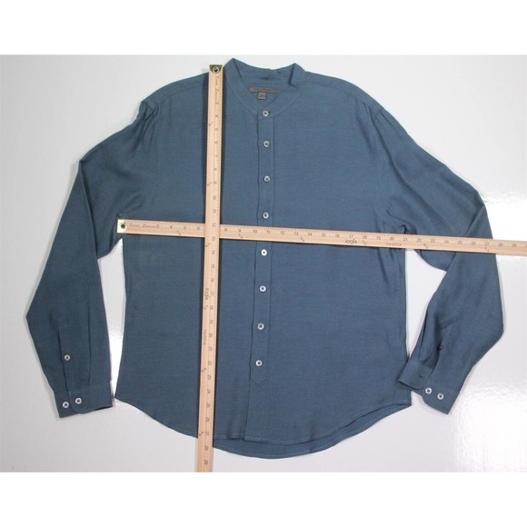 John Varvatos Aqua Twill Collarless Banded Collar Linen Button-Up Shirt~ S - Picture 4 of 7